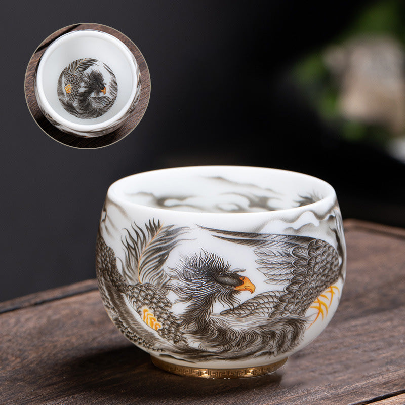 Tasse à thé en porcelaine blanche avec Buddha Stones et phénix, tasse à thé Kung Fu 185 ml avec boîte cadeau