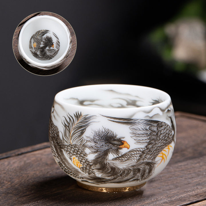 Tasse à thé en porcelaine blanche avec Buddha Stones et phénix, tasse à thé Kung Fu 185 ml avec boîte cadeau
