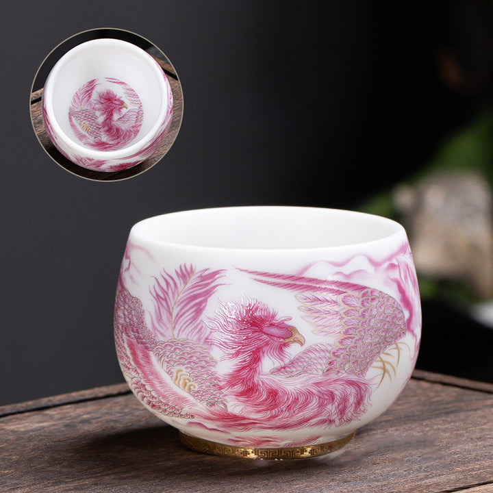 Tasse à thé en porcelaine blanche avec Buddha Stones et phénix, tasse à thé Kung Fu 185 ml avec boîte cadeau