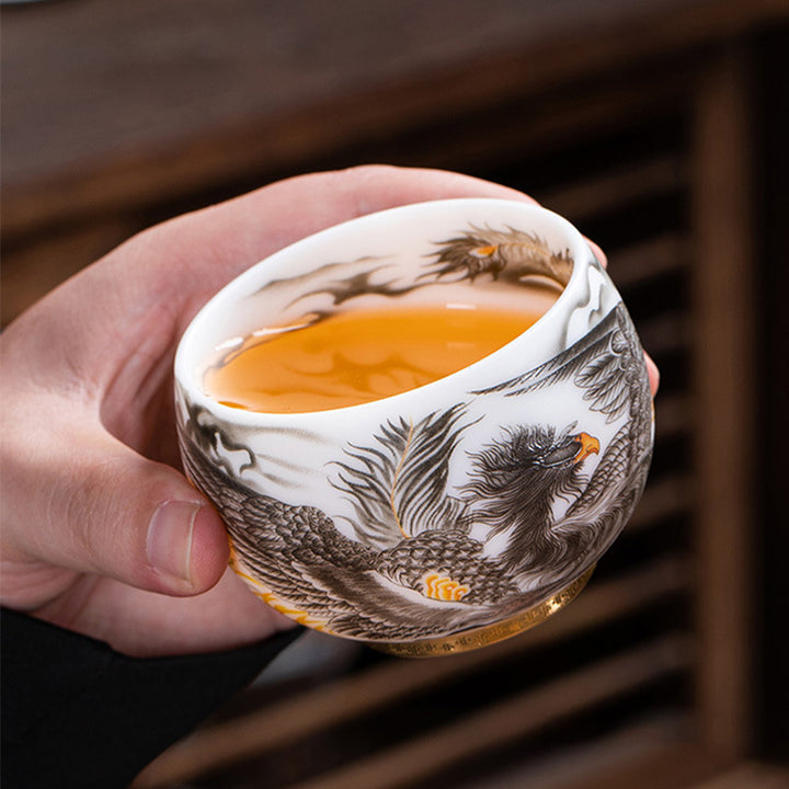 Tasse à thé en porcelaine blanche avec Buddha Stones et phénix, tasse à thé Kung Fu 185 ml avec boîte cadeau