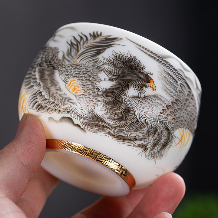 Tasse à thé en porcelaine blanche avec Buddha Stones et phénix, tasse à thé Kung Fu 185 ml avec boîte cadeau