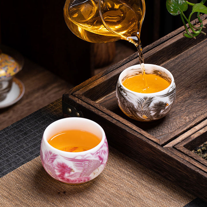 Tasse à thé en porcelaine blanche avec Buddha Stones et phénix, tasse à thé Kung Fu 185 ml avec boîte cadeau
