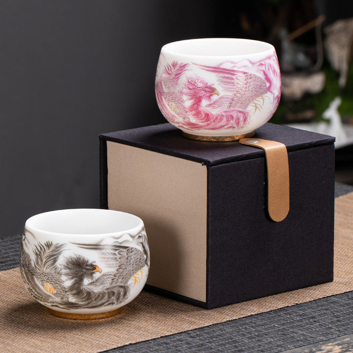 Tasse à thé en porcelaine blanche avec Buddha Stones et phénix, tasse à thé Kung Fu 185 ml avec boîte cadeau
