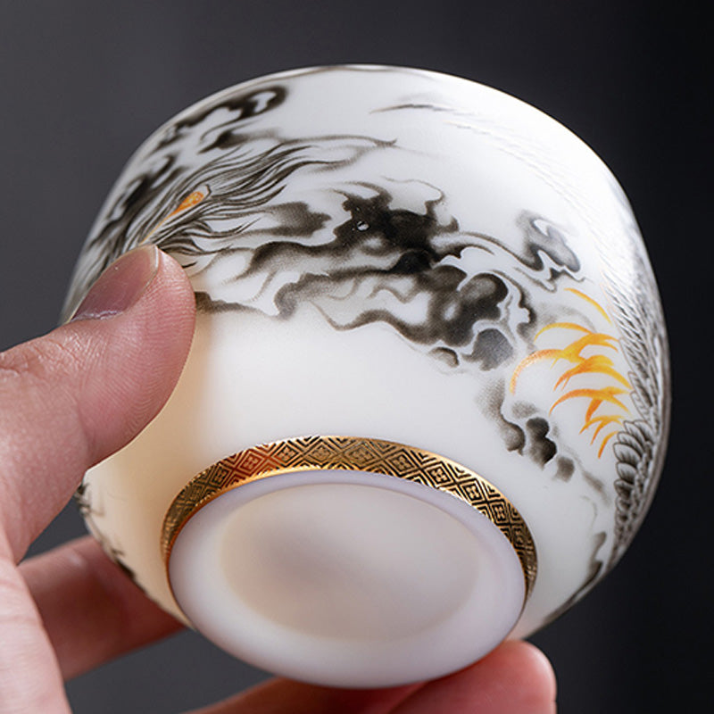 Tasse à thé en porcelaine blanche avec Buddha Stones et phénix, tasse à thé Kung Fu 185 ml avec boîte cadeau
