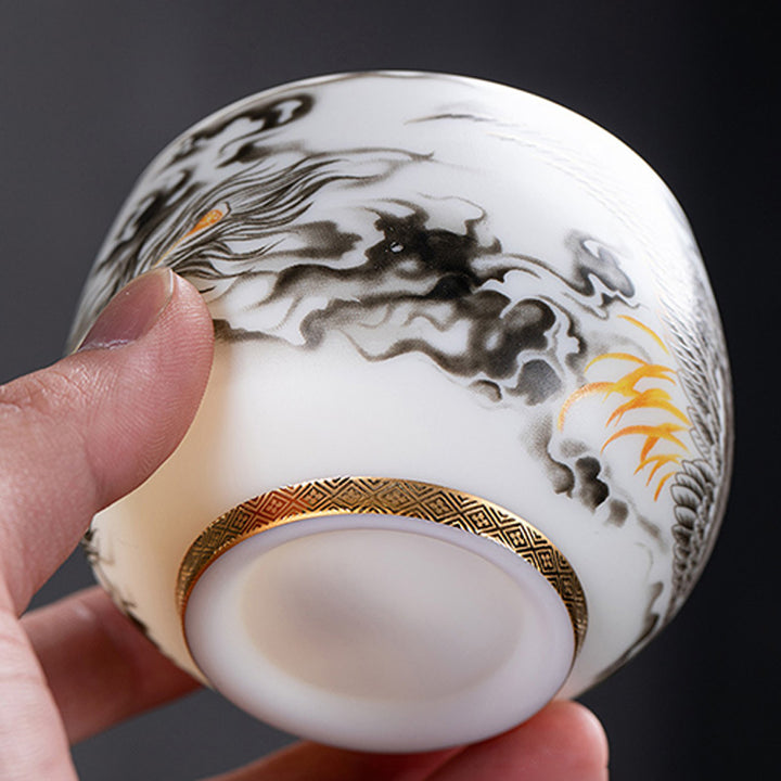 Tasse à thé en porcelaine blanche avec Buddha Stones et phénix, tasse à thé Kung Fu 185 ml avec boîte cadeau