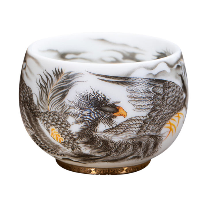 Tasse à thé en porcelaine blanche avec Buddha Stones et phénix, tasse à thé Kung Fu 185 ml avec boîte cadeau