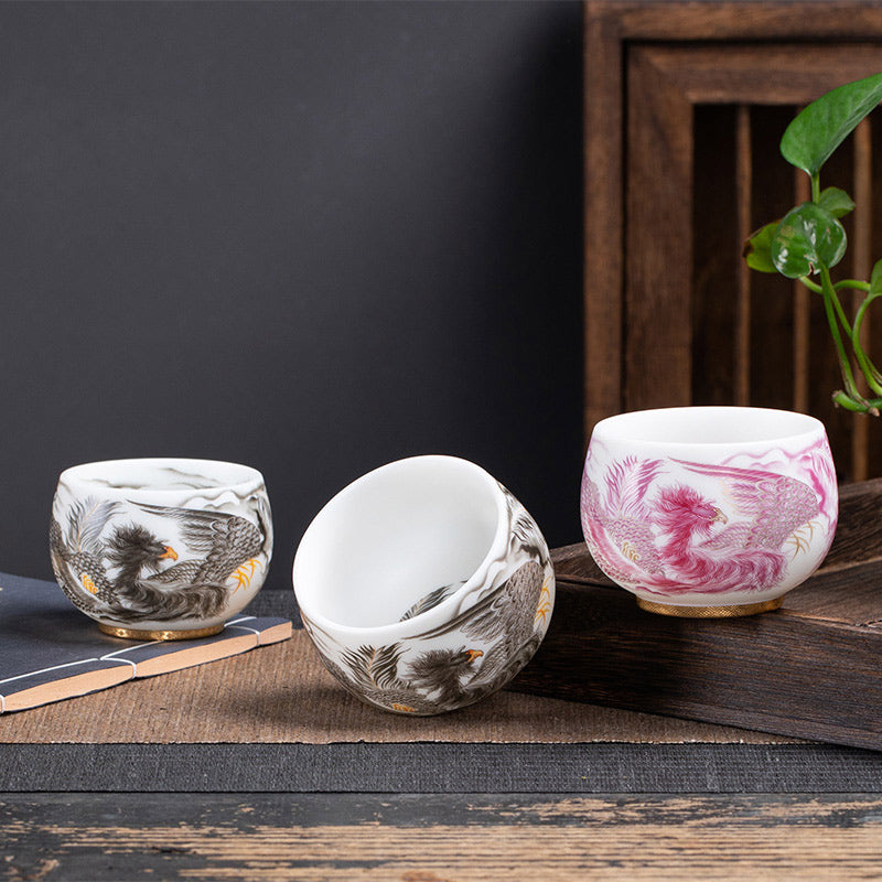 Tasse à thé en porcelaine blanche avec Buddha Stones et phénix, tasse à thé Kung Fu 185 ml avec boîte cadeau