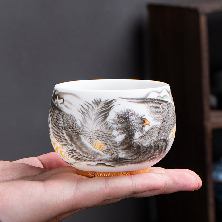 Tasse à thé en porcelaine blanche avec Buddha Stones et phénix, tasse à thé Kung Fu 185 ml avec boîte cadeau