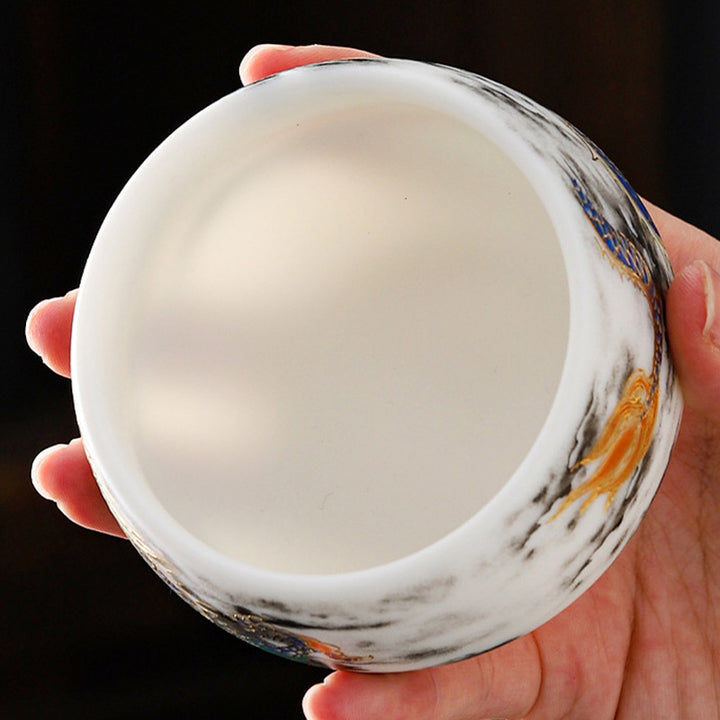 Tasse à thé en céramique blanche en porcelaine avec motif de pierres de Buddha Stones et de dragon jouant avec des perles, tasse à thé Kung Fu 160 ml