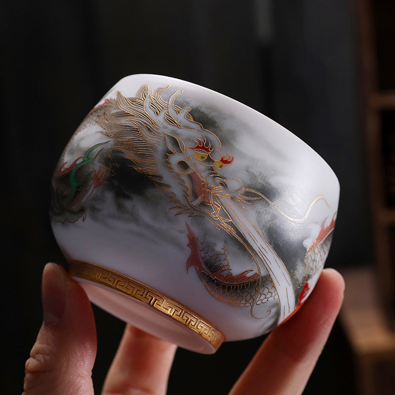 Tasse à thé en porcelaine blanche en céramique avec motif de dragon et Buddha Stones, tasse à thé Kung Fu 160 ml