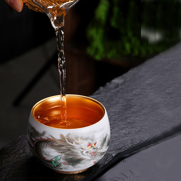 Tasse à thé en porcelaine blanche en céramique avec motif de dragon et Buddha Stones, tasse à thé Kung Fu 160 ml