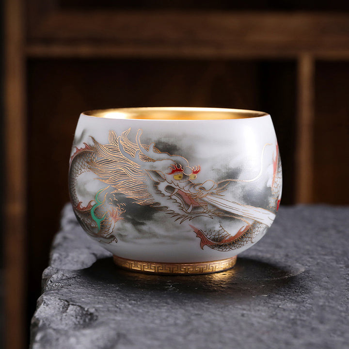 Tasse à thé en porcelaine blanche en céramique avec motif de dragon et Buddha Stones, tasse à thé Kung Fu 160 ml