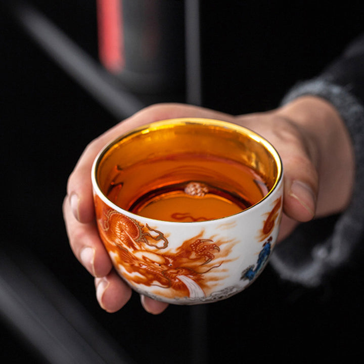 Buddha Stones Dragon Phénix Grue Soleil Vagues Océan Tasse à Thé en Céramique Dorée Tasse à Thé Kung Fu 170 ml