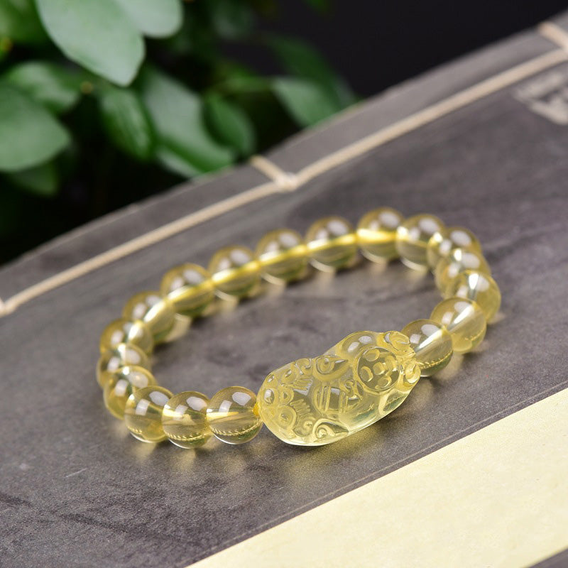 Bracelet de richesse FengShui en Buddha Stones et citrine PiXiu - 14 mm (Tour de poignet 14-16 cm) - image 0