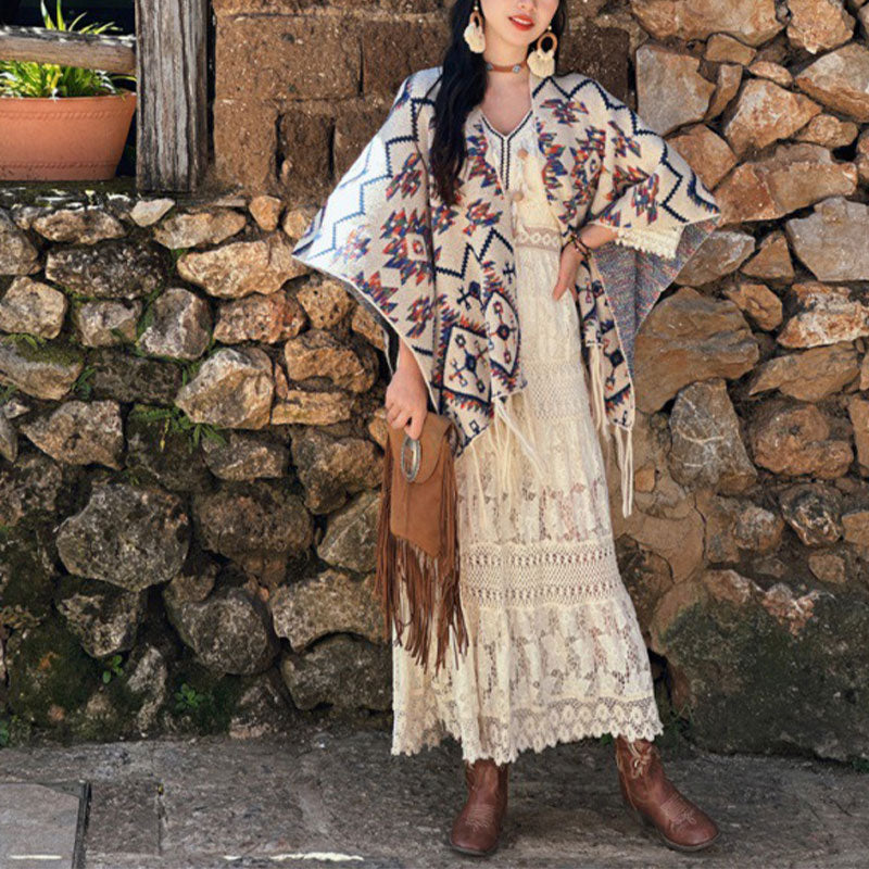 Châle tibétain à rayures géométriques avec Buddha Stones , écharpe tricotée confortable pour l'hiver et les voyages - Beige 130*150cm - image 3