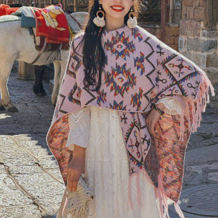 Châle tibétain à rayures géométriques avec Buddha Stones , écharpe tricotée confortable pour l'hiver et les voyages - Rose 130*150cm - image 8
