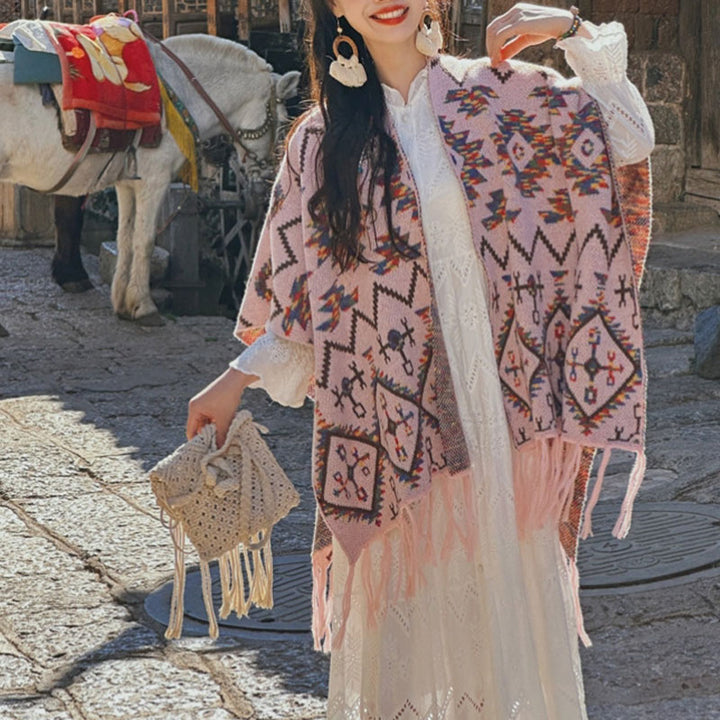 Châle tibétain à rayures géométriques avec Buddha Stones , écharpe tricotée confortable pour l'hiver et les voyages - image 9