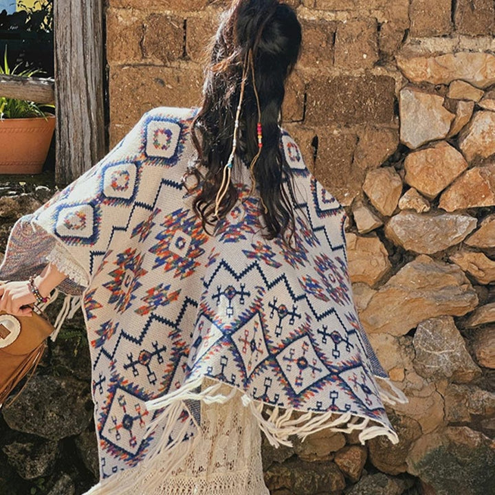 Châle tibétain à rayures géométriques avec Buddha Stones , écharpe tricotée confortable pour l'hiver et les voyages - image 5
