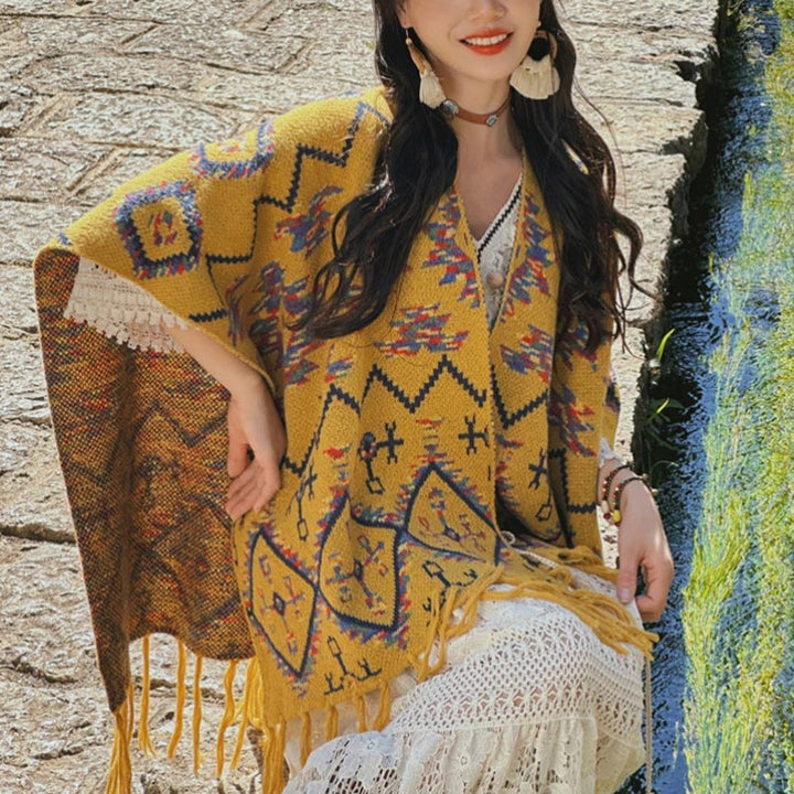 Châle tibétain à rayures géométriques avec Buddha Stones , écharpe tricotée confortable pour l'hiver et les voyages - image 1