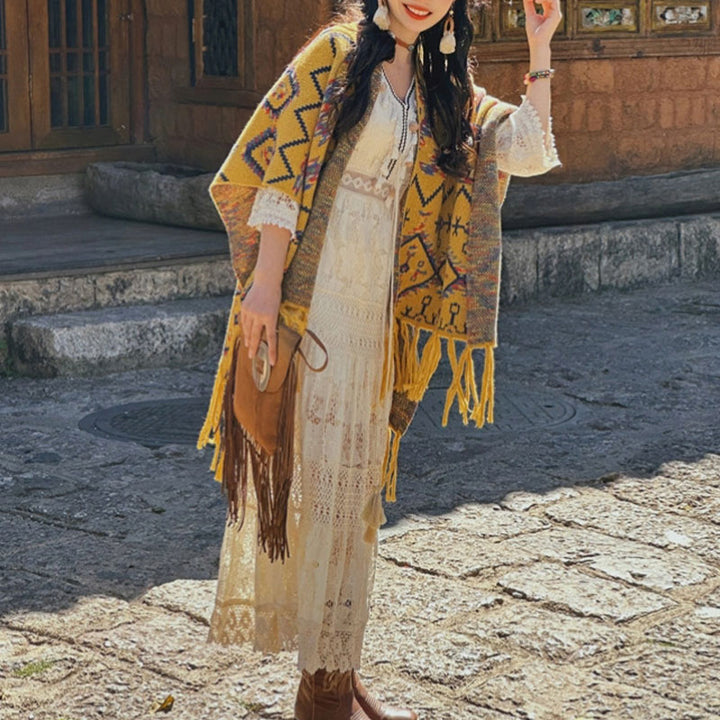 Châle tibétain à rayures géométriques avec Buddha Stones , écharpe tricotée confortable pour l'hiver et les voyages - image 2