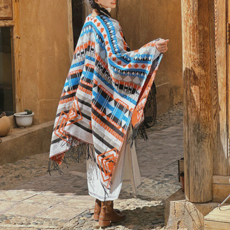 Écharpe à pompon en cachemire à rayures et Buddha Stones pour l'hiver - Bleu-gris 130*150cm - image 0