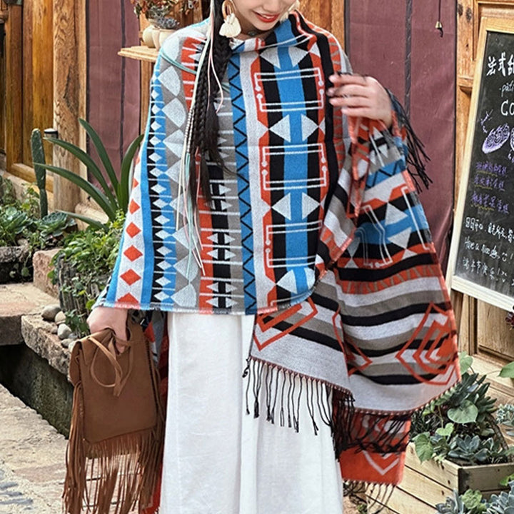 Écharpe à pompon en cachemire à rayures et Buddha Stones pour l'hiver - image 4