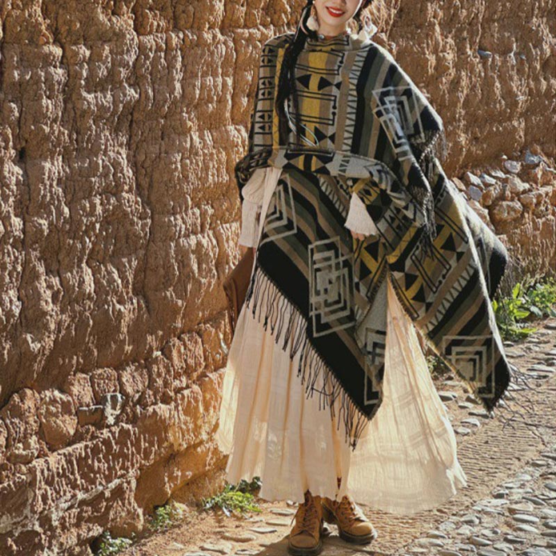 Écharpe à pompon en cachemire à rayures et Buddha Stones pour l'hiver - Brun gris 130*150cm - image 6