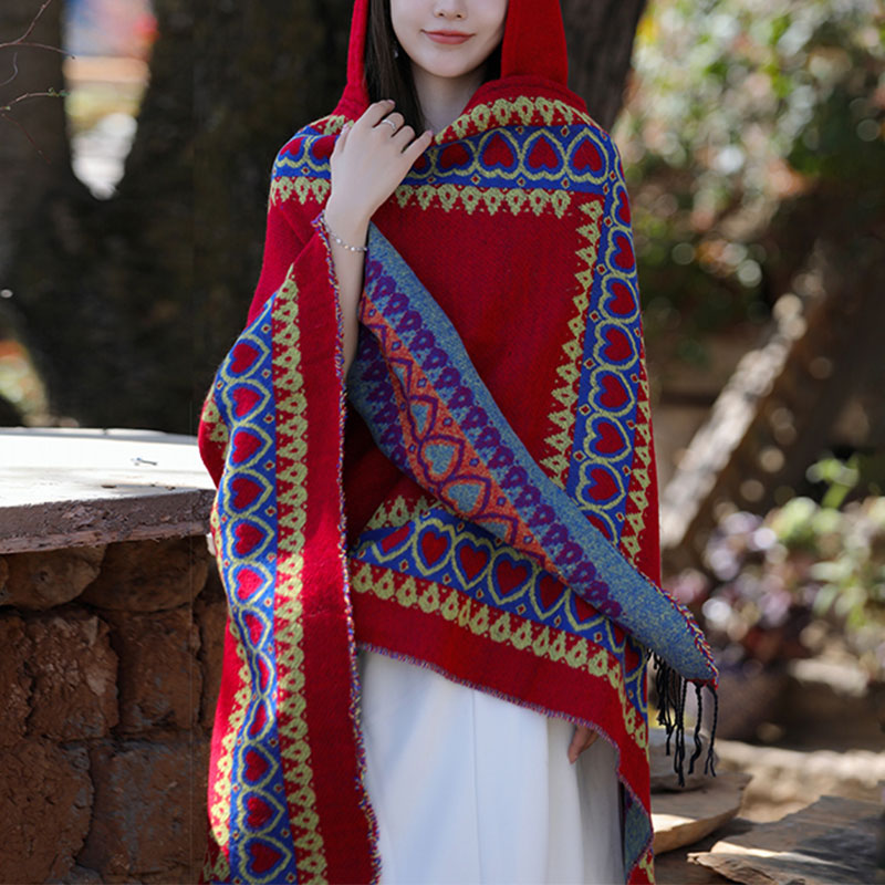Châle tibétain en Buddha Stones, cape à capuche avec pompon en forme de cœur rouge, écharpe de voyage confortable pour l'hiver - image 1