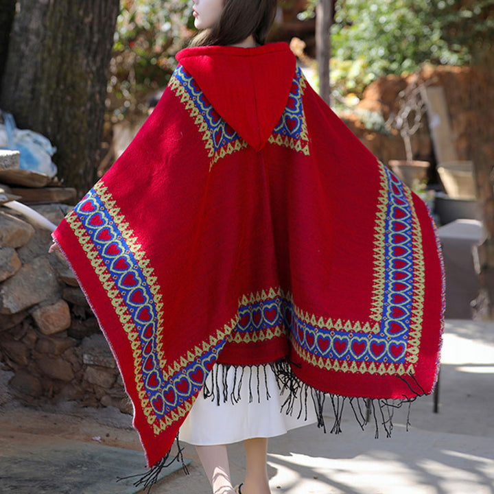 Châle tibétain en Buddha Stones, cape à capuche avec pompon en forme de cœur rouge, écharpe de voyage confortable pour l'hiver - image 4