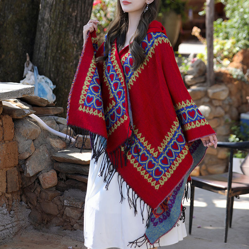 Châle tibétain en Buddha Stones, cape à capuche avec pompon en forme de cœur rouge, écharpe de voyage confortable pour l'hiver - image 5