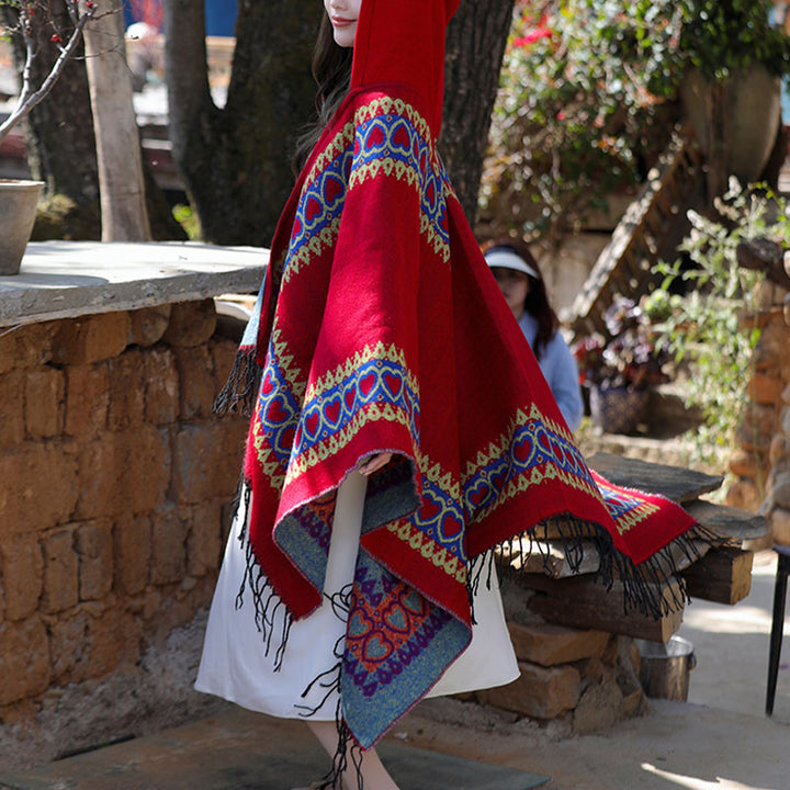 Châle tibétain en Buddha Stones, cape à capuche avec pompon en forme de cœur rouge, écharpe de voyage confortable pour l'hiver - image 11