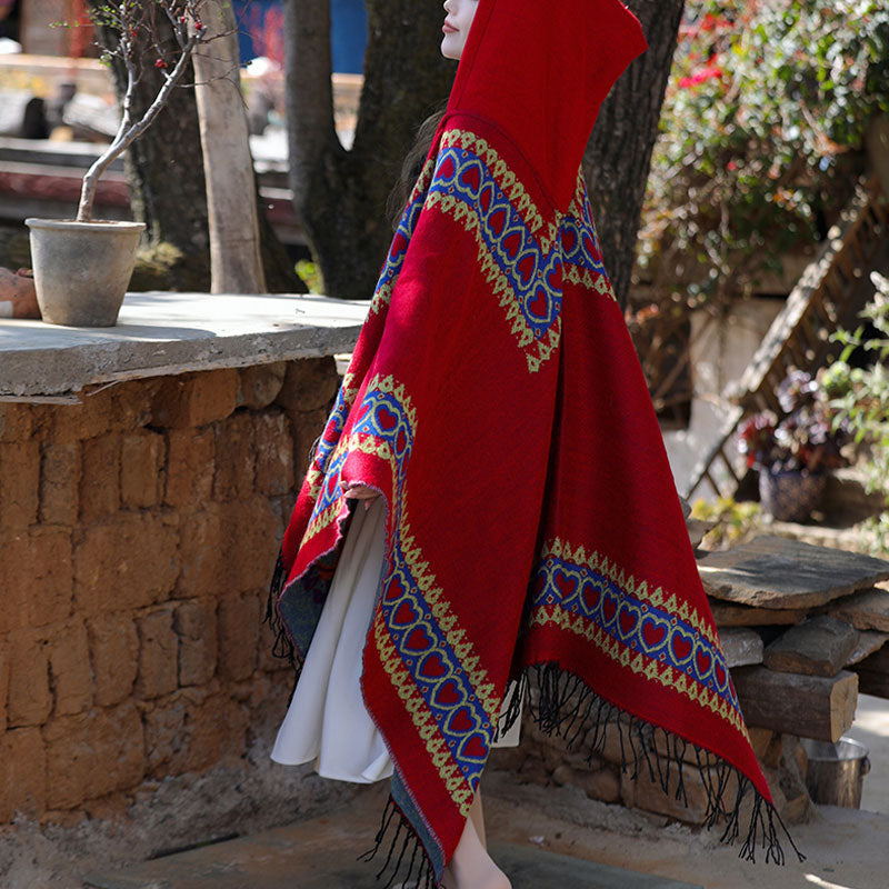 Châle tibétain en Buddha Stones, cape à capuche avec pompon en forme de cœur rouge, écharpe de voyage confortable pour l'hiver - image 10