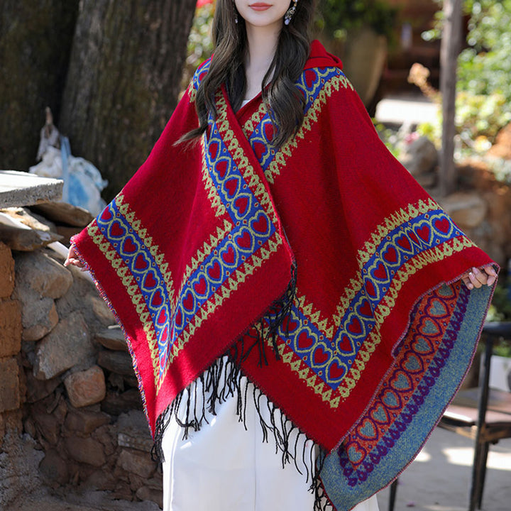 Châle tibétain en Buddha Stones, cape à capuche avec pompon en forme de cœur rouge, écharpe de voyage confortable pour l'hiver - image 9