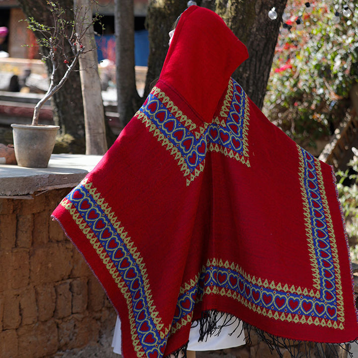 Châle tibétain en Buddha Stones, cape à capuche avec pompon en forme de cœur rouge, écharpe de voyage confortable pour l'hiver - image 6