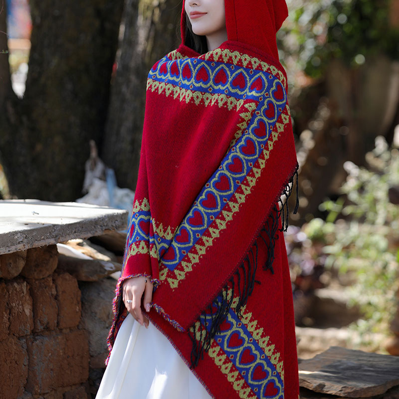 Châle tibétain en Buddha Stones, cape à capuche avec pompon en forme de cœur rouge, écharpe de voyage confortable pour l'hiver - image 12