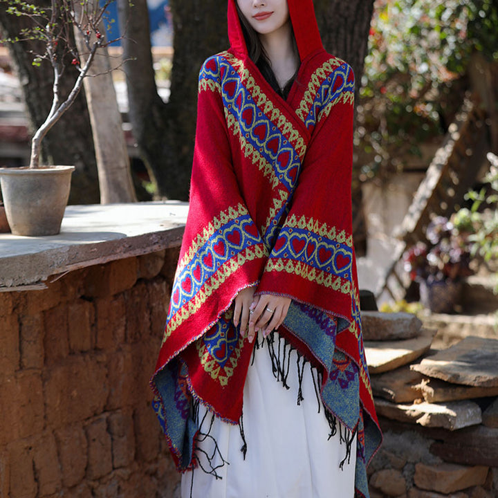 Châle tibétain en Buddha Stones, cape à capuche avec pompon en forme de cœur rouge, écharpe de voyage confortable pour l'hiver - image 13