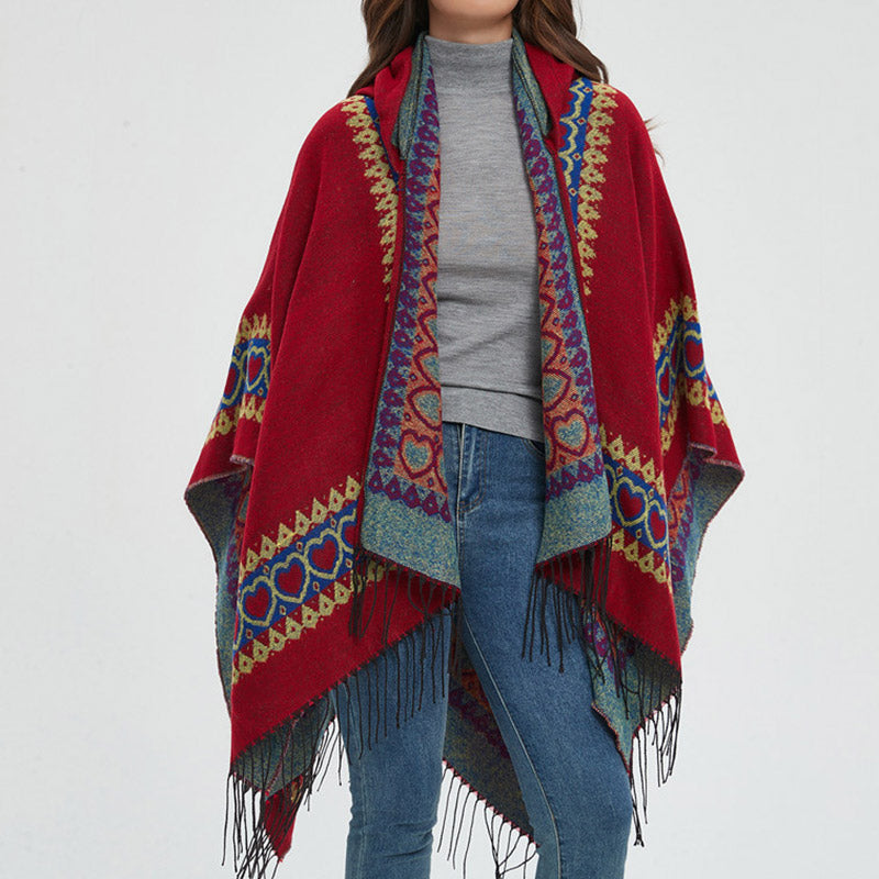 Châle tibétain en Buddha Stones, cape à capuche avec pompon en forme de cœur rouge, écharpe de voyage confortable pour l'hiver - image 16