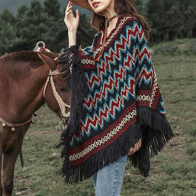 Châle tibétain en Buddha Stones, pull à pompons tricotés à rayures, écharpe de voyage confortable pour l'hiver - image 1