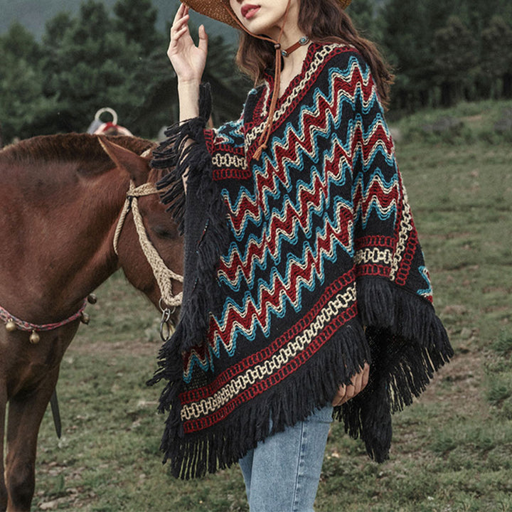 Châle tibétain en Buddha Stones, pull à pompons tricotés à rayures, écharpe de voyage confortable pour l'hiver - image 1