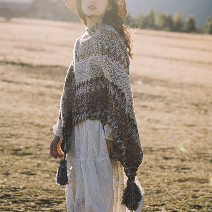 Châle tibétain en Buddha Stones, écharpe de voyage confortable en tricot à rayures grises et brunes - image 2