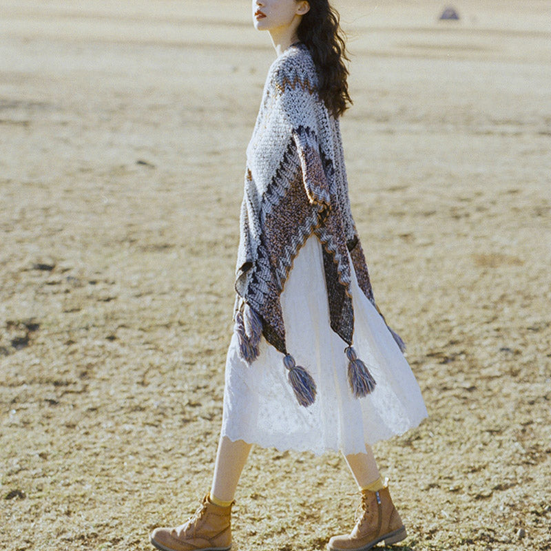 Châle tibétain en Buddha Stones, écharpe de voyage confortable en tricot à rayures grises et brunes - image 4