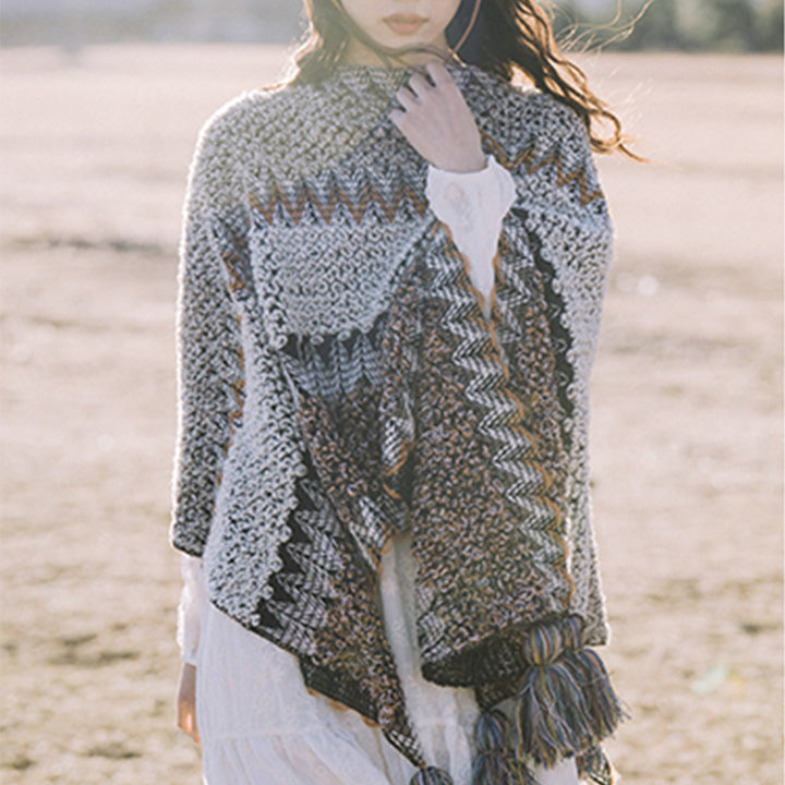 Châle tibétain en Buddha Stones, écharpe de voyage confortable en tricot à rayures grises et brunes - image 5