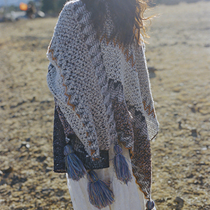 Châle tibétain en Buddha Stones, écharpe de voyage confortable en tricot à rayures grises et brunes - image 7