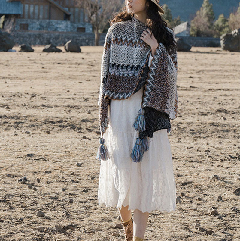 Châle tibétain en Buddha Stones, écharpe de voyage confortable en tricot à rayures grises et brunes - image 8