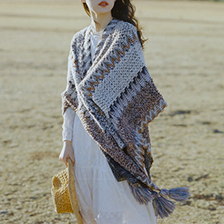 Châle tibétain en Buddha Stones, écharpe de voyage confortable en tricot à rayures grises et brunes - image 13