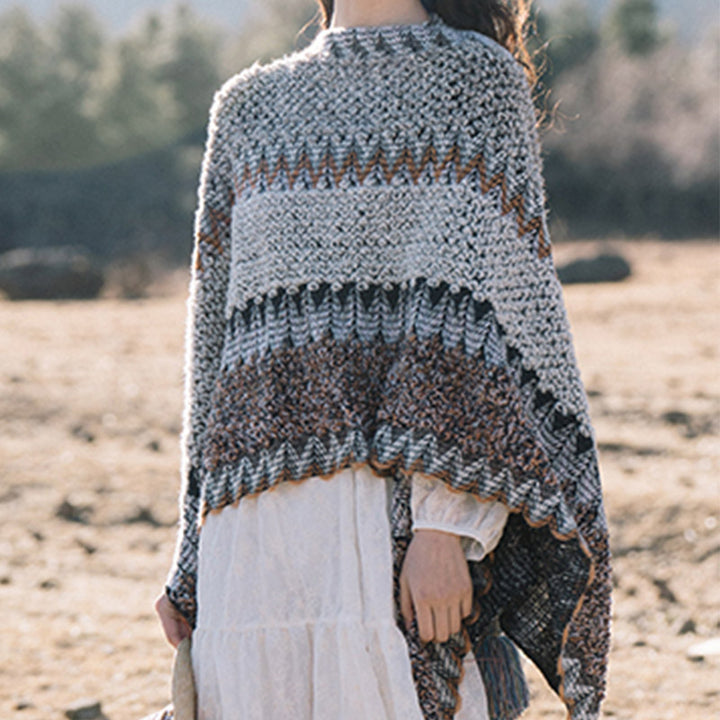Châle tibétain en Buddha Stones, écharpe de voyage confortable en tricot à rayures grises et brunes - image 12