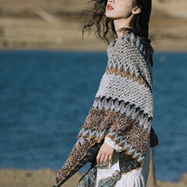 Châle tibétain en Buddha Stones, écharpe de voyage confortable en tricot à rayures grises et brunes - image 17