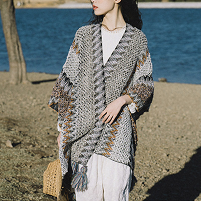 Châle tibétain en Buddha Stones, écharpe de voyage confortable en tricot à rayures grises et brunes - image 16