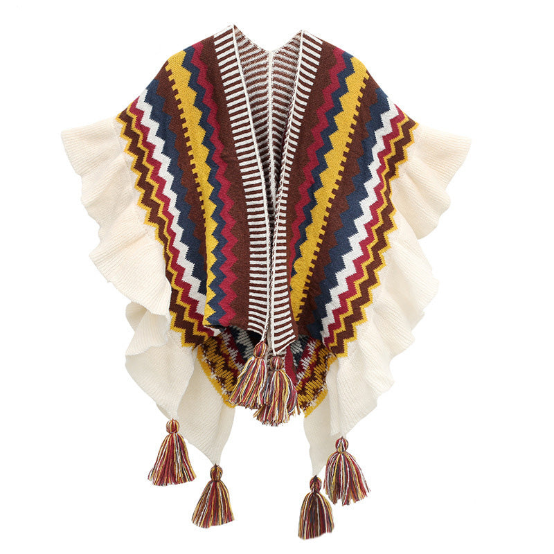 Châle tibétain en Buddha Stones, écharpe de voyage confortable à rayures colorées et à pompons - Beige Jaune Marron 85*135cm - image 14