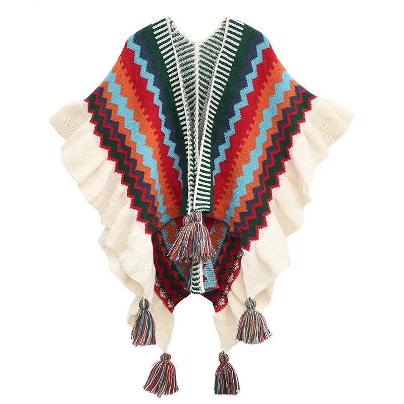 Châle tibétain en Buddha Stones, écharpe de voyage confortable à rayures colorées et à pompons - Beige Rouge Bleu 85*135cm - image 20